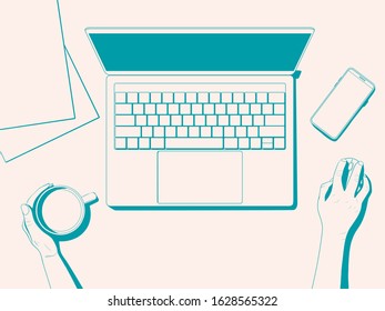 Flatlay with a workplace. Office desk top view - hands with a cup of coffee, laptop, phone and paper. Vector illustration