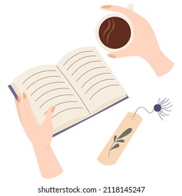 Flatley with the image of reading a book, a cup of coffee, a vintage bookmark, a pen and hands