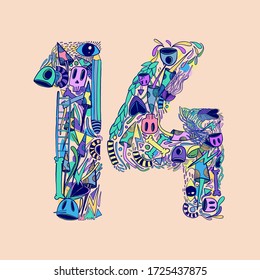FLATLI. 14 Flat doddle line number. Latin numbers. Signs in line flat style. Cute modern illustration capital numbers. Vector trendy flat line figures