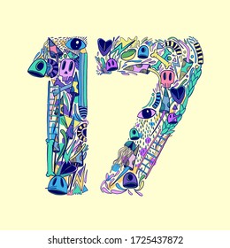 FLATLI. 17 Flat doddle line number. Latin numbers. Signs in line flat style. Cute modern illustration capital numbers. Vector trendy flat line figures