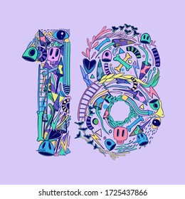 FLATLI. 18 Flat doddle line number. Latin numbers. Signs in line flat style. Cute modern illustration capital numbers. Vector trendy flat line figures