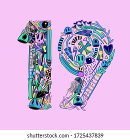 FLATLI. 19 Flat doddle line number. Latin numbers. Signs in line flat style. Cute modern illustration capital numbers. Vector trendy flat line figures