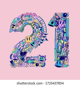 FLATLI. 21 Flat doddle line number. Latin numbers. Signs in line flat style. Cute modern illustration capital numbers. Vector trendy flat line figures