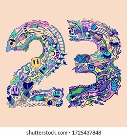 FLATLI. 23 Flat doddle line number. Latin numbers. Signs in line flat style. Cute modern illustration capital numbers. Vector trendy flat line figures