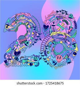 FLATLI. 28 Flat doddle line number. Latin numbers. Signs in line flat style. Cute modern illustration capital numbers. Vector trendy flat line figures