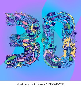 FLATLI. 30 Flat doddle line number. Latin numbers. Signs in line flat style. Cute modern illustration capital numbers. Vector trendy flat line figures
