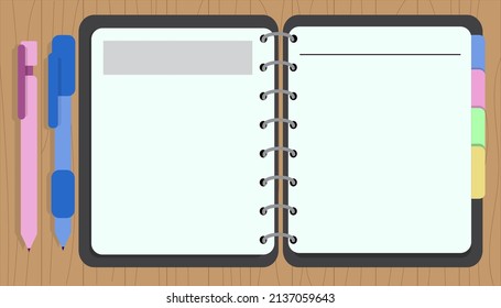 Flatline design notepad and paper sheets isolated on wooden background with place for text. School vector background with an open notebook.