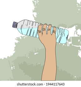 Flatline illustration hand holding a plastic bottle to throw away