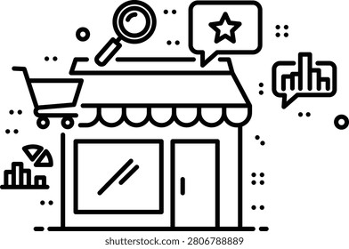 Flatline storefront with shopping cart, magnifying glass, star rating, and analytics lineart