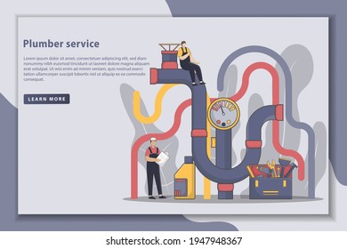 Flatline style design Plumber service landing page illustration. Work plumbers helping. Housework repairing, handyman, and broken boiler heater. banner for landing page website.