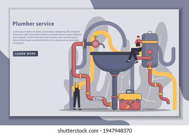 Flatline style design Plumber service landing page illustration. Work plumbers helping. Housework repairing, handyman, and broken boiler heater. banner for landing page website.