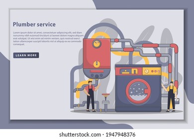 Flatline style design Plumber service landing page illustration. Work plumbers helping. Housework repairing, handyman, and broken boiler heater. banner for landing page website.