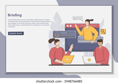 Flatline style design Teamwork Briefing landing page illustration. businesspeople discussing during training conference meeting. business people men women creative team office worker.