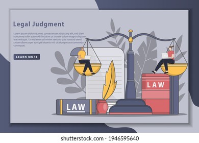 Flatline style designs Legal judgment illustration landing page concept. law and justice study and reporting news. Concept Law, Justice, Legal service, notary. Justice scales and wooden judge gavel