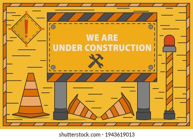 Flatline vector Under construction concept. Good for web page building process, presentation template for website banner linear and landing page header, timeline, infographics, promotional materials