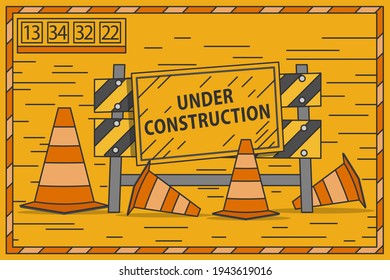 Flatline vector Under construction concept. Good for web page building process, presentation template for website banner linear and landing page header, timeline, infographics, promotional materials