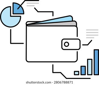Flatline wallet, pie chart, and bar graph financial piechart bargraph flatdesign blue