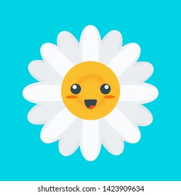 Flatly Kawaii chamomile with a funny face. Cheerful, kind, nice character for children.