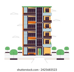 Ilustración plana de dibujos animados de la línea de pisos múltiples. Condominio de varios pisos de construcción exterior 2D objeto lineart aislado sobre fondo blanco. Imagen de color vectorial de escena de propiedad compleja de propiedad inmobiliaria