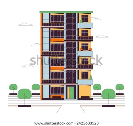 Flats apartment multistory line cartoon flat illustration. Condominium multi-storey building exterior 2D lineart object isolated on white background. Estate complex property scene vector color image