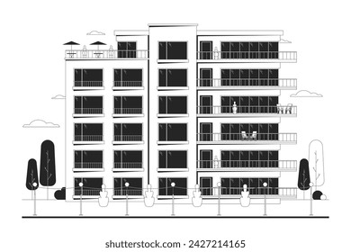 Flats condominium with balconies black and white cartoon flat illustration. Front view building condo exterior 2D lineart object isolated. Real estate housing monochrome scene vector outline image