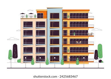 Flats condominium with balconies line cartoon flat illustration. Front view building condo exterior 2D lineart object isolated on white background. Real estate housing scene vector color image