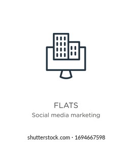 Flats Symbol. Dünne lineare Wohnungen umreißen Symbol einzeln auf weißem Hintergrund aus der Kollektion sozialer Medien. Vektorillustration der Linie, Symbol für Web und Mobilfunk