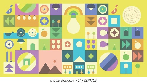 Flat-style abstract geometric background. Rounded, circle, semi-circle, fruit, bulb, star, color palette, train, square, and triangle shapes. Colorful vector illustration.