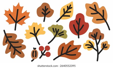 Flat-style autumn leaves in warm earthy tones. Perfect for seasonal designs, greeting cards, posters, invitations, and fall-themed decorations or digital illustrations.