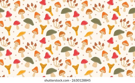 Flat-style autumn mushrooms arranged in a seamless repeat with tiny scattered dots. Great for wrapping paper, children's designs, or rustic fall-themed products.