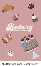 Flat-style bakery illustration with a variety of sweet treats, including cake, cupcakes, croissant, and truffles, against a pink background. Perfect for dessert-themed designs, posters, and packaging.