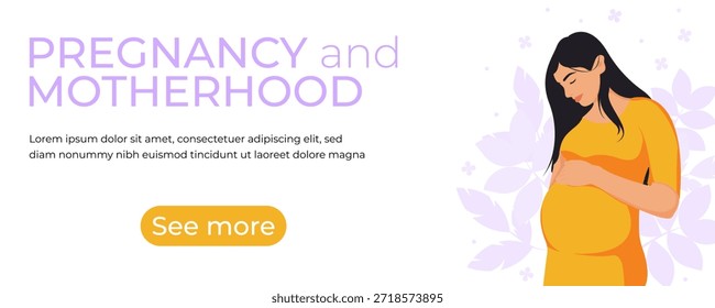 Um modelo de banner de estilo plano com um conceito de maternidade e gravidez. Uma gestante acaricia suavemente a barriga enquanto está de pé no perfil. Adequado para panfletos, anúncios, brochuras, banners, etc.