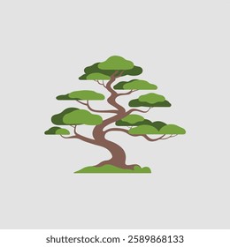 A Flat-Style Bonsai tree on a Plain White Background