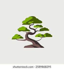 A Flat-Style Bonsai tree on a Plain White Background