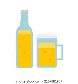 Botella de estilo plano y jarra de cerveza sobre fondo blanco
