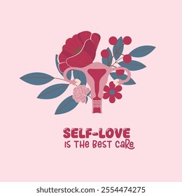 Flat-style card of a female reproductive system surrounded by flowers and leaves with the motivational phrase "Self-love is the best care." Perfect for promoting self-care, feminine health awareness