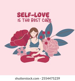 Flat-style card of a meditating woman surrounded by flowers and leaves with the phrase "Self-love is the best care." Perfect for self-care, wellness, and empowerment themes.