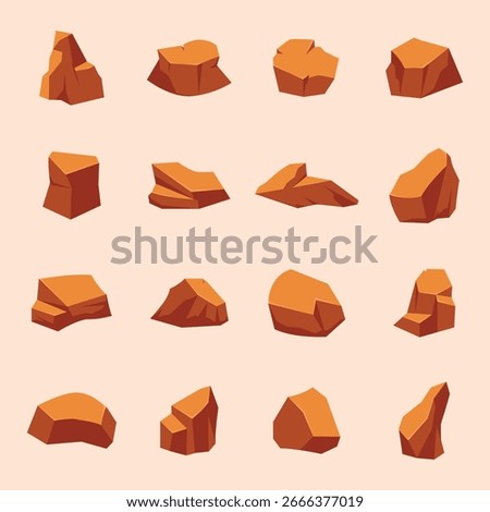 A flat-style cartoon rock and stone set featuring boulders, formations, and textures. Perfect for geology, desert or mountain landscapes, infographics, and creative nature designs.