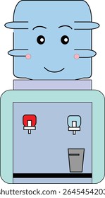 A flat-style cartoon of a water gallon dispenser with a friendly face, great for school, health, and hydration designs.