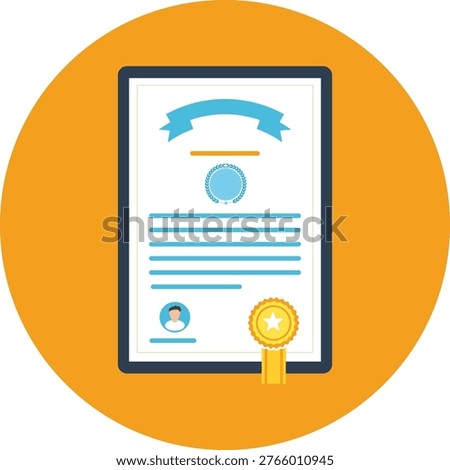 Flat-style certificate or diploma illustration on a tablet ор frame with ribbon and seal. Certificate with gold seal on orange circle. Certificate of achievement flat illustration.