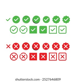 Marcas de verificación de estilo plano y cruces con variantes ilustradas en diferentes Formas y formas individuales. Ideal para iconos, diseño de interfaz de usuario, infografías y presentaciones. Totalmente escalable y personalizable.