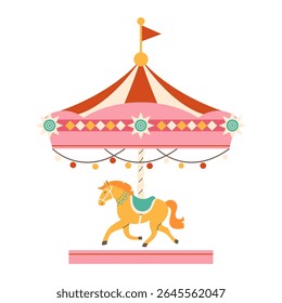 Flat-style children's carousel with horses. Carousel with horses. Children's amusement park