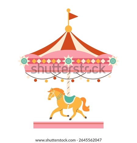 Flat-style children's carousel with horses. Carousel with horses. Children's amusement park