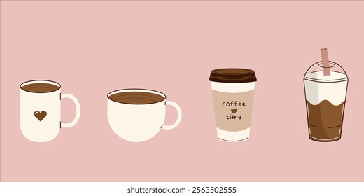 Flat-style coffee illustration featuring various cups and a takeaway beverage. Perfect for cafe branding, menu designs, and creative projects.