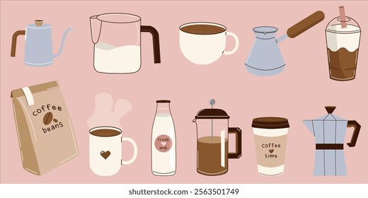 Flat-style coffee-themed illustration set featuring brewing tools, cups, beans, and milk. Perfect for branding, coffee shop menus, or design projects.