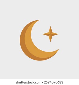 A Flat-Style Crescent moon and star on a Plain White Background
