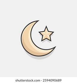 A Flat-Style Crescent moon and star on a Plain White Background