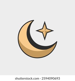 A Flat-Style Crescent moon and star on a Plain White Background