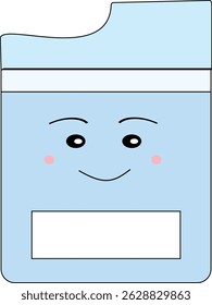 A flat-style digital illustration of a cute smiling file folder with blushing cheeks and expressive eyes. This kawaii school supply icon is perfect for educational materials, kids' designs, and back-t