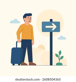 A flat-style digital illustration of a man standing confidently with a bag, ready to begin a new journey.